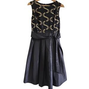 Sangria Elegant Black and Gold Sequined Pleated Taffeta Midi Dress Size 4